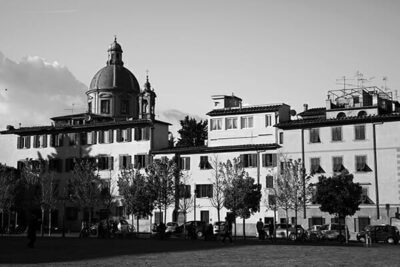 Black and white photo of Piazza Del Carmine in Florence, Italy taken by Photographer, Scott Allen Wilson.
