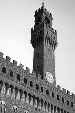 A black and white photo of the palazzo vecchio in Florence, Italy by Photographer Scott Allen Wilson