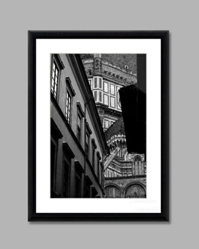 Black and white photo of the Duomo in Florence, Italy by Photographer Scott Allen Wilson taken in a hidden side street.
