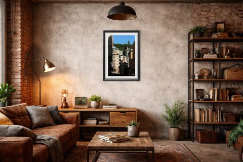 Wooden framed artistic print of a warm and inviting scenery in Genova, Italy, showcasing residential blocks under green woods. Photo captured by Travel Photographer Scott Allen Wilson.