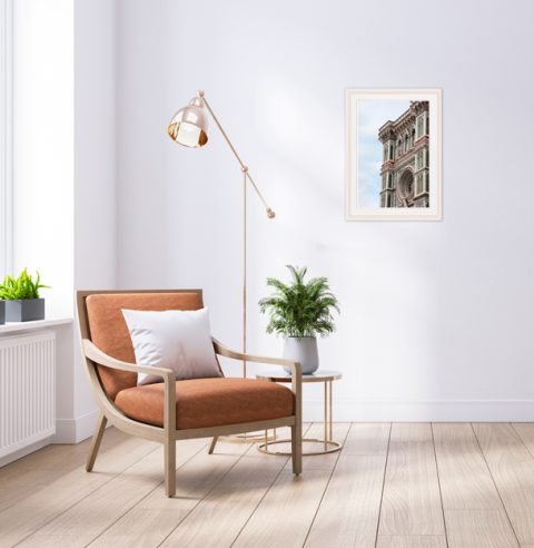 Modern decoration with terracotta colors and a framed print of Cathedral Santa Maria del Fiore in Florence, Italy by Scott Allen Wilson.