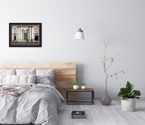 Pastel bedroom decoration with framed print of a green door in Rome, Italy taken by Photographer Scott Allen Wilson