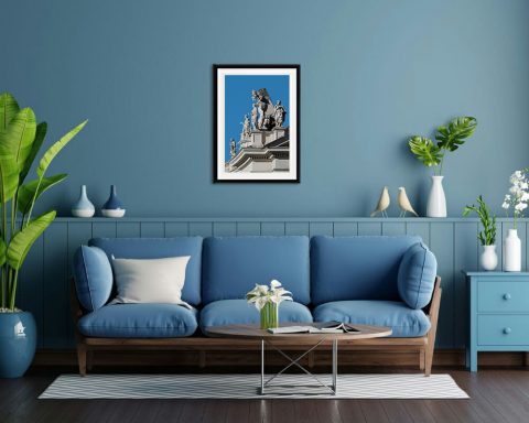 Blue living room decoration with a classic framed print of St. Peter's Basilica taken by Photographer Scott Allen Wilson