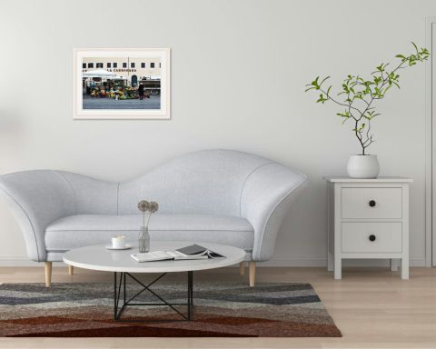 Bright living room decoration idea with a touch of color in the wall of a print taken by Photographer Scott Allen Wilson