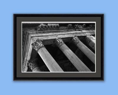 Black and white framed print taken by Photographer Scott Allen Wilson in Rome, Italy, of the Pantheon.