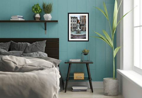 Bedroom decoration with a classic framed print of Fontana del Moro taken in Rome, Italy by Photographer Scott Allen Wilson