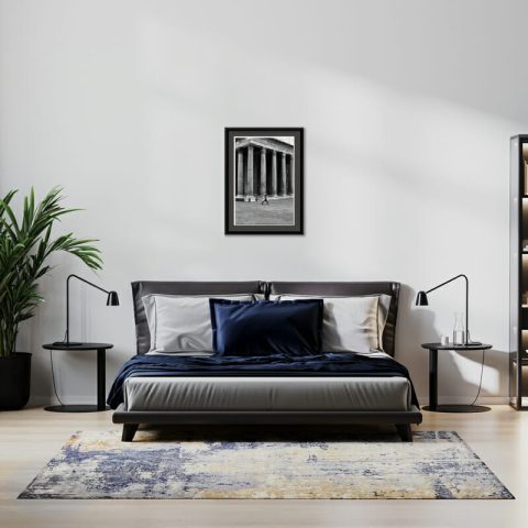 dark grey and blue decoration with framed print in black and white taken by Photographer Scott Allen Wilson in Rome, Italy