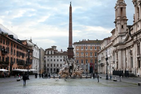 Architecture photograph of Piazza Navona with Fiumi Fountain in the center taken by Photographer Scott Allen Wilson in Rome, Italy.
