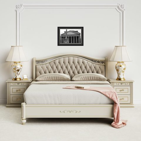 Vintage bedroom decoration adorned by black and white print of The Pantheon taken by Photographer Scott Allen Wilson
