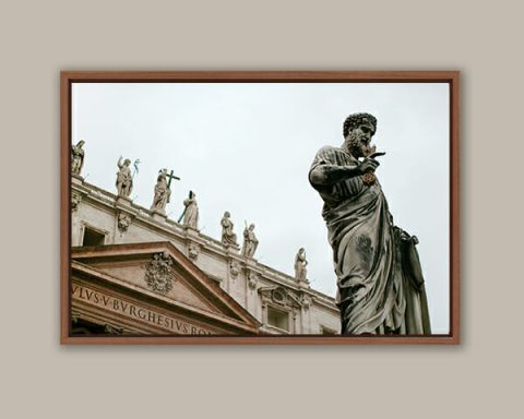 Framed color print of St Peter's statue in front of St Peter's Basilica, taken by Photographer Scott Allen Wilson in Rome, Italy