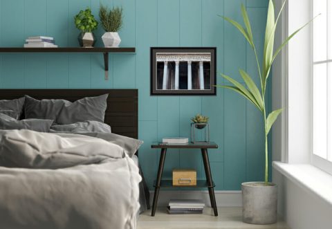 Bedroom decoration with framed print of the Pantheon in Rome, Italy, taken by Photographer Scott Allen Wilson.