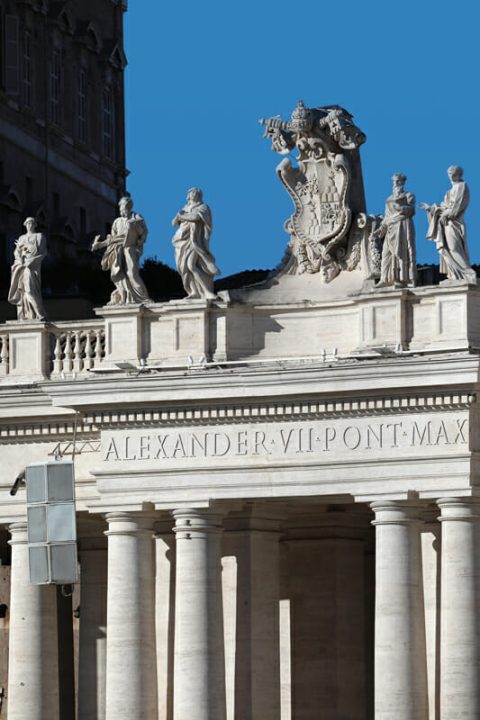 Architechtonic picture of St. Peter’s Basilica located at St. Peter’s Square in the Vatican City, taken by Photographer Scott Allen Wilson in Rome, Italy.