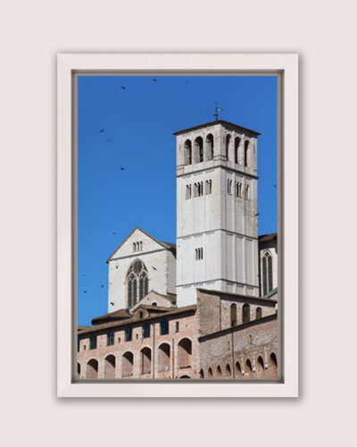 White framed photo the Basilica of St. Francis, located in Assisi, Italy was taken by Photographer Scott Allen Wilson.