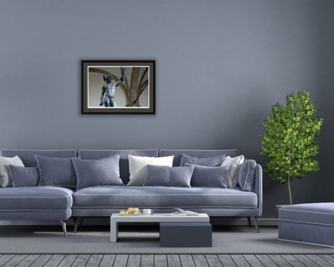 Blue purple living room decoration with framed print of Perseus and Medusa statue taken by Photographer Scott Allen Wilson in Florence, Italy