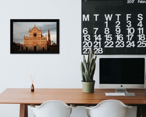 Modern black desk decoration with framed print of Santa Croce taken in Florence, Italy by Photographer Scott Allen Wilson