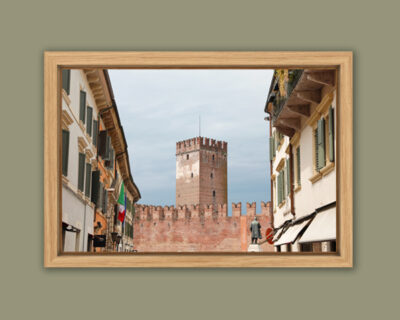 Framed print taken by Photographer Scott Allen Wilson of the tower of Castelvecchio Museum located in Verona, Italy.