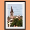Classic framed print of San Tomaso Campanile adorned by trees and colorful buildings in Verona, Italy taken by Photographer Scott Allen Wilson