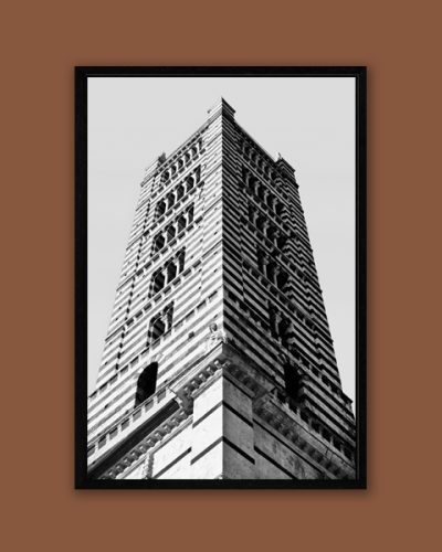 Black and white framed print by Photographer Scott Allen Wilson who captured the symmetry of the campanile of the Duomo di Siena.