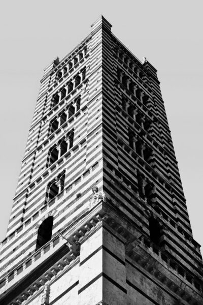 Black and white print by Photographer Scott Allen Wilson who captured the symmetry of the campanile of the Duomo di Siena.
