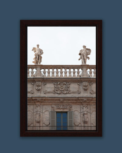 Wooden framed print of a detailed and symmetrical shot of Palazzo Maffei taken in Verona, Italy by Photographer Scott Allen Wilson.