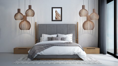 Gray modern bedroom decoration with a framed print of the Amphitheater of Verona, Italy taken by Photographer Scott Allen Wilson