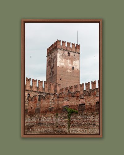 Wooden framed print of Castelvecchio tower covered by a tall brick fortress taken by Photographer Scott Allen Wilson in Verona, Italy