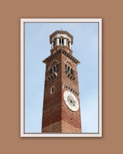 Color framed print by Photographer Scott Allen Wilson capturing from a low angle the Clocktower named Torre de Lamberti located in Verona, Italy.