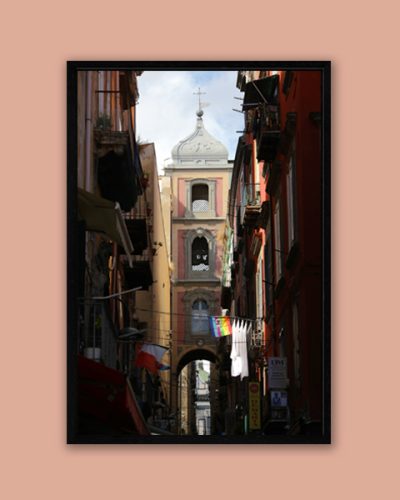 Wooden framed print of San Gregorio Armeno street, or Christmas Alley, taken by Photographer Scott Allen Wilson in Naples, Italy.