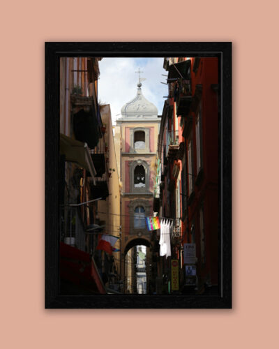 Wooden framed print of San Gregorio Armeno street, or Christmas Alley, taken by Photographer Scott Allen Wilson in Naples, Italy.