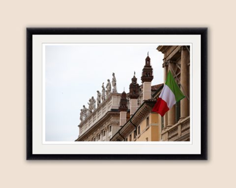Framed print of the architecture style in Verona, Italy with statues and the Italian flag taken by Photographer Scott Allen Wilson