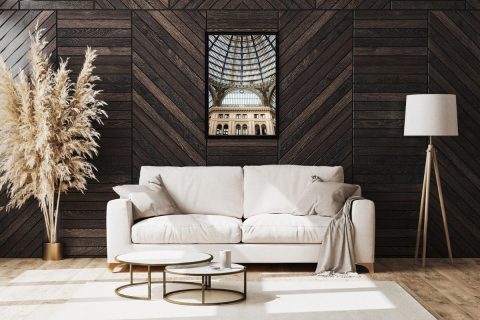 Elegant living room decoration with a framed print of Galleria Umberto I taken in Naples, Italy by Photographer Scott Allen Wilson