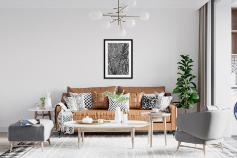 Modern living room decoration with a framed print of Salvo D'Acquisto monument taken in Naples, Italy by Photographer Scott Allen Wilson