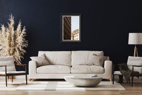 Modern living room photography with a framed print of straight buildings in Naples, Italy taken by Photographer Scott Allen Wilson