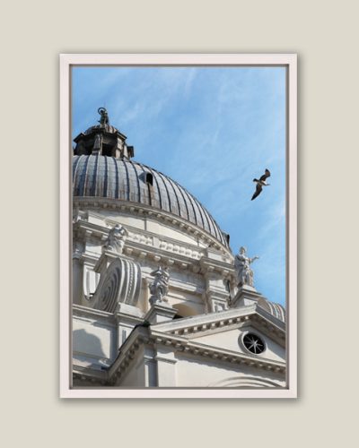 Elegant white framed print of Santa Maria Della Salute taken by Photographer Scott Allen Wilson in Venice, Italy.