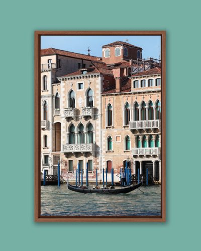 Wooden framed print lonely gondoliere passing by the palaces that stand along the Grand Canal in Venice, Italy taken by Photographer Scott Allen Wilson