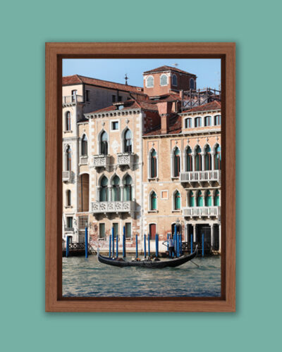 Wooden framed print lonely gondoliere passing by the palaces that stand along the Grand Canal in Venice, Italy taken by Photographer Scott Allen Wilson