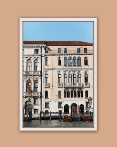 White framed print of palaces along the Grand Canal taken by Photographer Scott Allen Wilson in Venice, Italy.