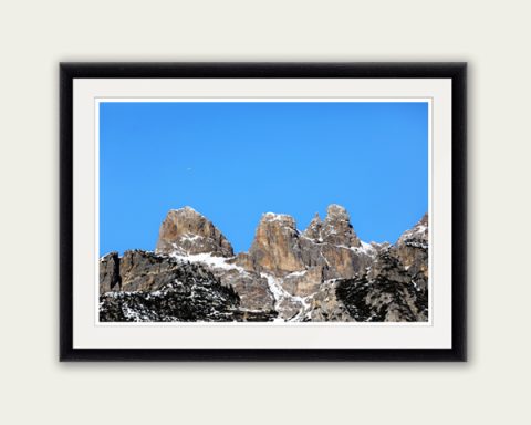 Amazing framed print of mountain peaks in the Dolomites, Italy with an intense blue sky in the background taken by Photographer Scott Allen Wilson.