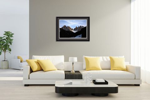Modern and classy living room decoration with a framed print of the Dolomites, Italy taken by Photographer Scott Allen Wilson.