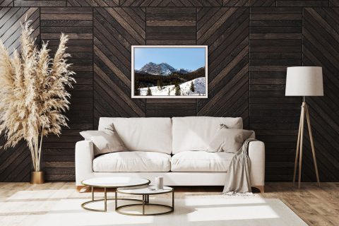 Sober and classy living room with a framed print of the beautiful landscape of the Dolomites, Italy by Photographer Scott Allen Wilson.