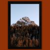 Beautiful autumnal framed photo of a snow-capped mountain of the Dolomites, Italy surrounded by reddish trees taken by Photographer Scott Allen Wilson.
