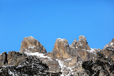 Amazing close shot of mountain peaks in the Dolomites, Italy with an intense blue sky in the background taken by Photographer Scott Allen Wilson