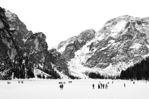 Black and white photography of Lago di Braies taken in the Dolomites, Italy by Photographer Scott Allen Wilson.