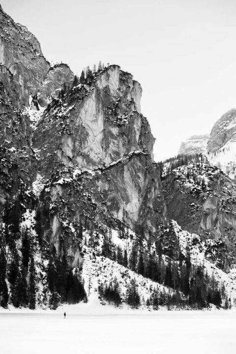 Stunning black and white photo of Lago di Braies taken in the Dolomites, Italy by Photographer Scott Allen Wilson.