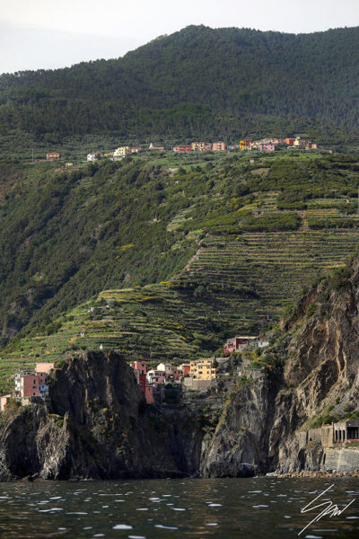The green vineyards on the rocks gradually blend into the crystal-clear waters of Cinque Terre, Italy. By Photographer Scott Allen Wilson.