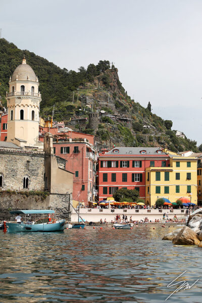 Facing the ligurian sea, stands a landmark of the town of Vernazza, in Cinque Terre, Italy: a bel tower cupola. By Photographer Scott Allen Wilson.