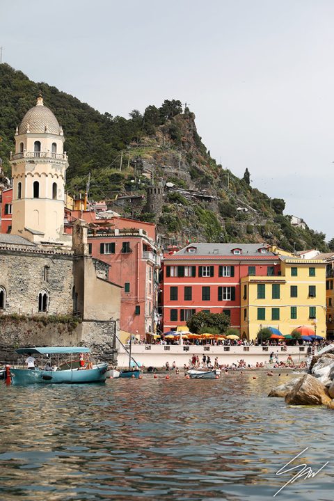 Facing the ligurian sea, stands a landmark of the town of Vernazza, in Cinque Terre, Italy: a bel tower cupola. By Photographer Scott Allen Wilson.