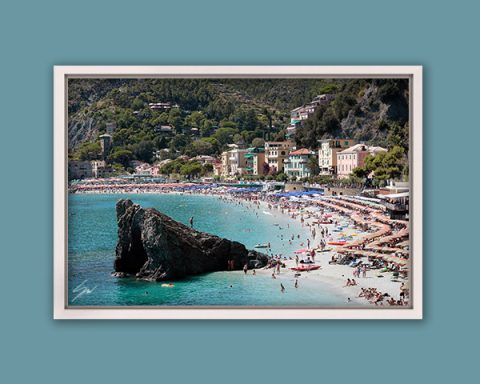 White framed print of a crowded beach in Monterosso al Mare in Cinque Terre, Italy. Shot by Photographer Scott Allen Wilson.