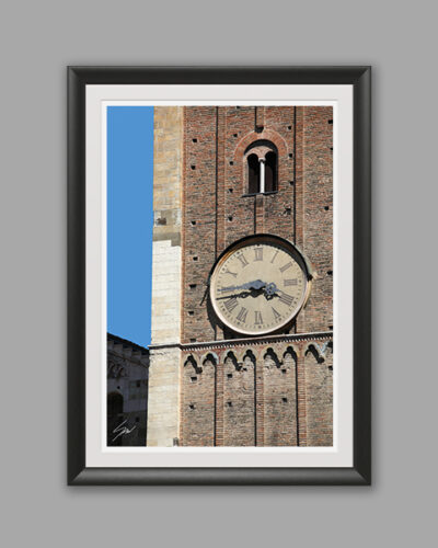 Black framed print of a detail of the clock tower of Palazzo del Governatore. Captured by Scott Allen Wilson