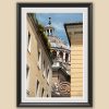 Black framed print of the Basilica of Parma peeking from a typical italian street. Shot by Photographer Scott Allen Wilson